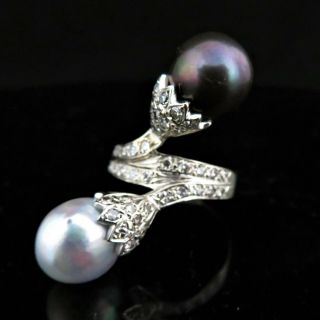 Vintage Toi At Moi White & Black Pearl Ring Diamond 14k White Gold Retro Estate 6