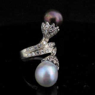 Vintage Toi At Moi White & Black Pearl Ring Diamond 14k White Gold Retro Estate 7