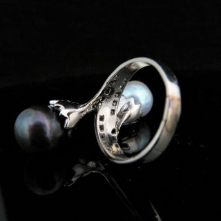 Vintage Toi At Moi White & Black Pearl Ring Diamond 14k White Gold Retro Estate 9