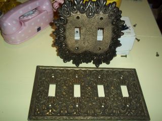 Vintage Brass Antique Light Switch Covers Very Ornate 2 & 4 Switch Electric Ware
