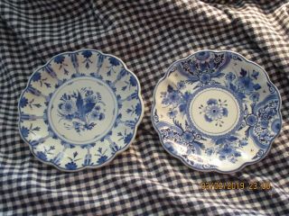 Antique - Hand Painted - Delft - 7 1/2 " Scalloped - Set Of Two (2) Plates - Hanging
