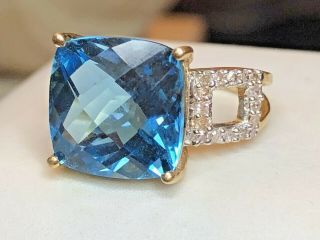 Vintage Estate 14k Gold Blue Topaz Diamond Ring Cushion Cut Signed