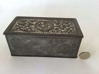Antique 19th C Chinese Decorated & Engraved Swatow Pewter Tea Caddy Box,  Signed