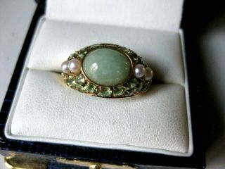 Vintage 14k Y/g Ring:natural Jade,  Natural Peridots & Natural Pearls