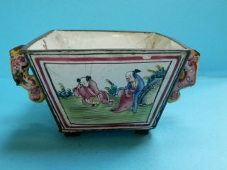 A Rare 18thc Chinese Two Handled Enamel Bowl With Dragon Handles & 4 Scenes.