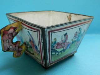 A rare 18thc Chinese two handled enamel bowl with dragon handles & 4 scenes. 3