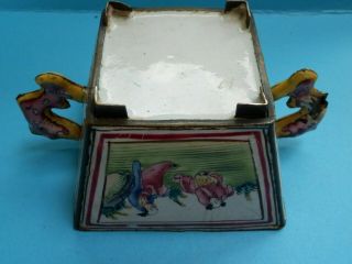 A rare 18thc Chinese two handled enamel bowl with dragon handles & 4 scenes. 6