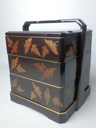Japanese C1900 Gold Gilt Makie Lacquered Wood Lunch Box Bento Jubako Oju Handle