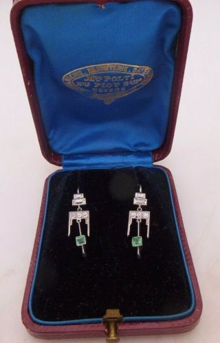 Platinum Diamond Emerald Earrings,  Boxed Art Deco