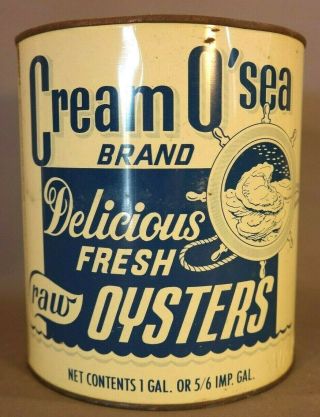 Vintage CREAM O SEA OYSTER TIN Old R F BROWN SEAFOOD ADVERTISING 1 Gallon CAN 3