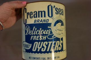 Vintage CREAM O SEA OYSTER TIN Old R F BROWN SEAFOOD ADVERTISING 1 Gallon CAN 7