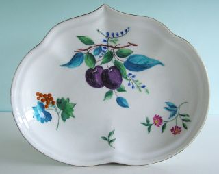 Antique English Porcelain Derby Heart Tray Hand Painted Plums & Flowers C1800