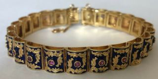 Antique Victorian 18k Gold Rubies And Guilloche Enamel Bracelet