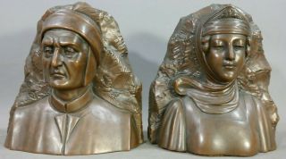 Ca.  1910 Antique Jennings Bros Old Bronzed Dante & Beatrice Bust Statue Bookend