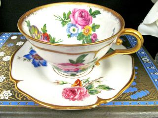 France Painted Tea Cup And Saucer Pink Rose Floral Gold Gilt Porcelain Teacup