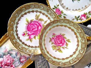 Stanley Tea Cup And Saucer Lime Green & Pink Rose Painted Artist Signed Teacup