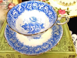 Paragon Tea Cup And Saucer Set Blue Roses Band Teacup Wide Mouth