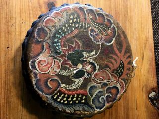 Antique Chinese Painted Drum Tacked Leather Canton China,  Stamped,  Hand Painted