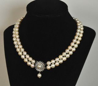 Antique 2 Strand Pearl Necklace Choker Large Clasp 14k Gold Diamonds 7.  3mm