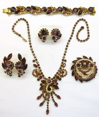 Vintage Juliana Amethyst Givre Rhinestone Necklace Bracelet Brooch Earrings (2pr)