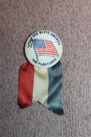 Ww1 U.  S.  Home Front " God Bless America The Flag I Love " Button W/ribbon