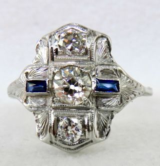 Antique Art Deco.  75 Ct.  Old European Cut Diamond & Sapphire 18k White Gold Ring