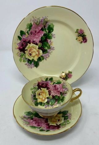 Stanley Bone China Gorgeous Roses & Lilacs On Yellow Trio 8” Plate Teacup Saucer
