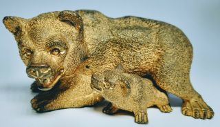 19th Century Antique Russian Gilded Bronze Bear And Cub Statue