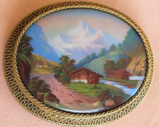 Antique 14 K Gold Swiss Enamel Brooch Depicting An Alp Scene,  Pin