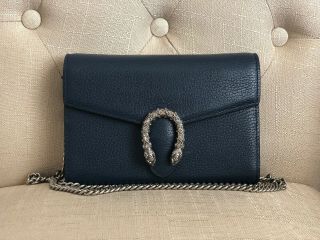 Gucci Dionysus Mini Leather Chain Clutch Blue Pre - Owned Handbag