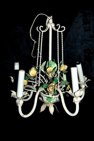 Vintage Italian Tole Chandelier Roses 5 Arms Hanging Light Fixture Mid - Century