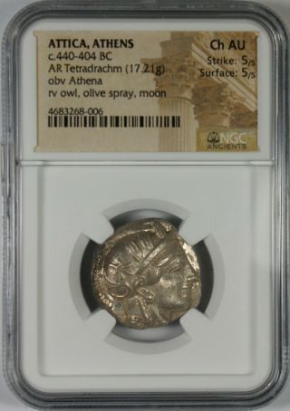 Ancient Attica Athens 440 - 404 BC Athena Owl Tetradrachm Silver Coin NGC CH AU 3