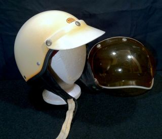Vintage 1958 - 61 Bell Shorty Motorcycle Helmet 4 Snap Strap & Bubble Shield 500tx