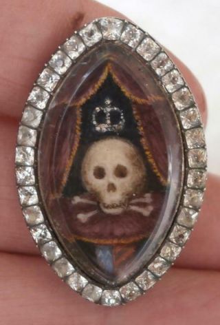 Rare Georgian Gold Memento Mori Skull & Bones & Crown In Black Dot Paste Brooch