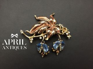 Vintage Crown Trifari Blue Demilune Glass Leaf Flower Goldtone Brooch