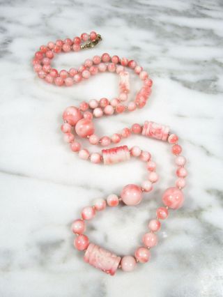 Vtg Natural Carved Pink Angel Skin Coral Bead Necklace Solid 14k Gold 25 1/2 "