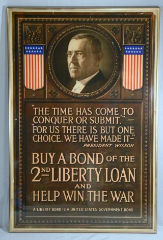 Antique Wwi War Bond Liberty Loan Poster President Wilson Framed 20x30