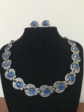 Vintage Margot De Taxco Sterling Blue Cabochon Necklace 5210 & Earrings Mexico