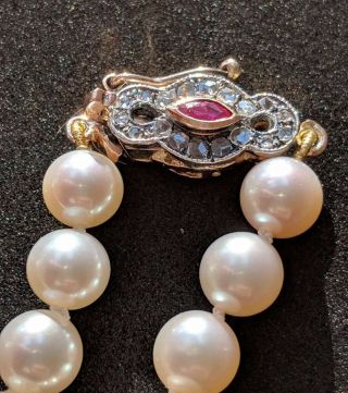 Vintage Cultured Pearl Necklace 9ct Gold Ruby & Diamond Clasp