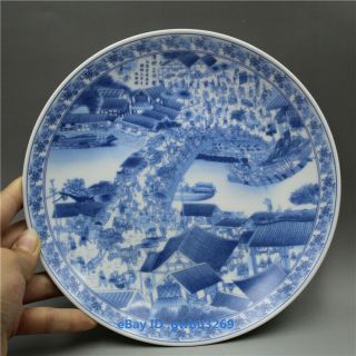 8 " Chinese Blue And White Porcelain Plate Hand - Painting Qingming Shanghe Chart