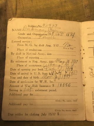 Ww1 Us Army Soldiers Pay Book Co.  D 16th Infantry Regiment Elvin Barkman