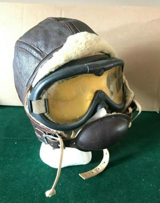 Rare Vintage Ww2 Leather Aviators Flight Pilot Bomber Helmet & Goggles Historic