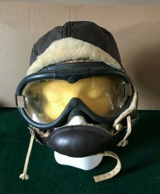 Rare Vintage WW2 Leather Aviators Flight Pilot Bomber Helmet & Goggles Historic 2