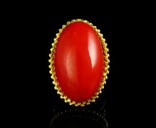 Vintage Mid - Century Modernist Natural Untreated Ox Blood Red Coral 18k Gold Ring