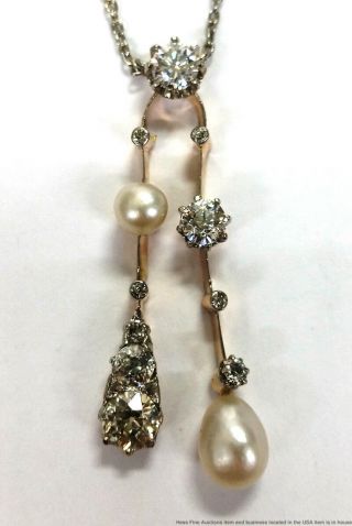 Platinum 14k Rose Gold 2ctw Fine Diamond Natural Pearl Edwardian 1910 Necklace