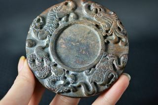 Delicate China Old Jade Carved Dragon/Phoenix/Beast/Dragon Turtle Inkstone Y8 2