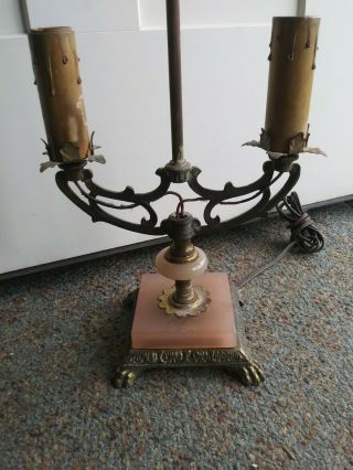 Old Antique Art Deco Era Table Lamp Base Pink Onyx Marble Light Fixture Metal