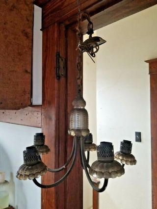 Antique Brass And Glass 5 Arm Chandelier