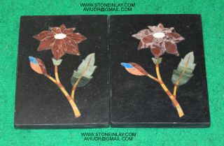 Modernist Pietra Dura Stone Flower Plaque Pair Decorative Collectible Rare Art