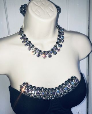 Rare Vtg Schreiner Ny Ab/pink/navy Crystal Necklace Earrings Bracelet Set Signed